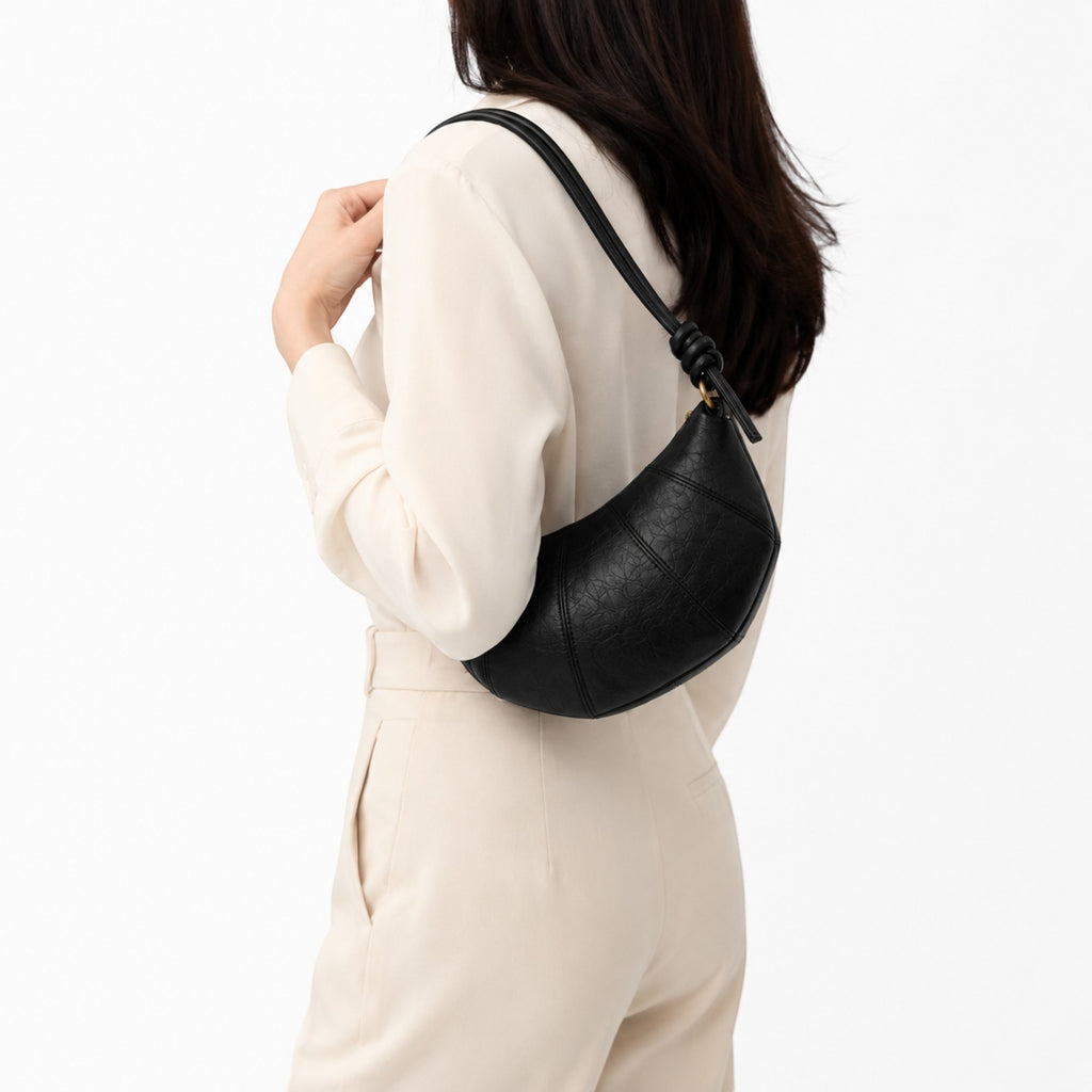 Sac bandoulière noir en cuir PU pour femme, forme croissant, style rétro, fermeture éclair, par Univers Sac