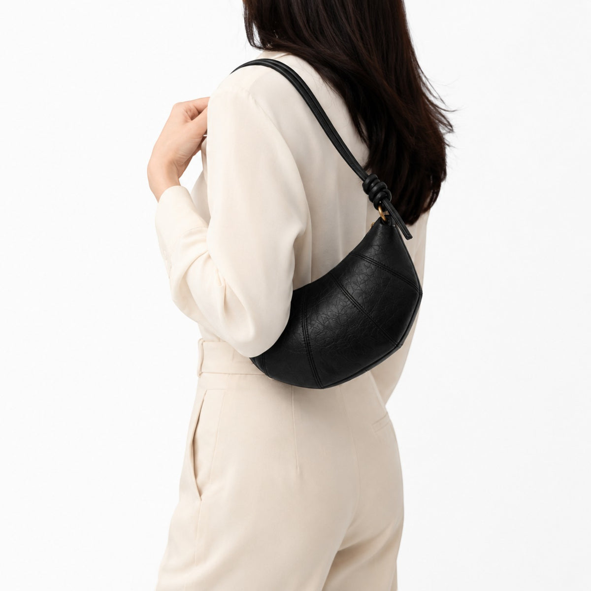 Sac bandoulière noir en cuir PU pour femme, forme croissant, style rétro, fermeture éclair, par Univers Sac