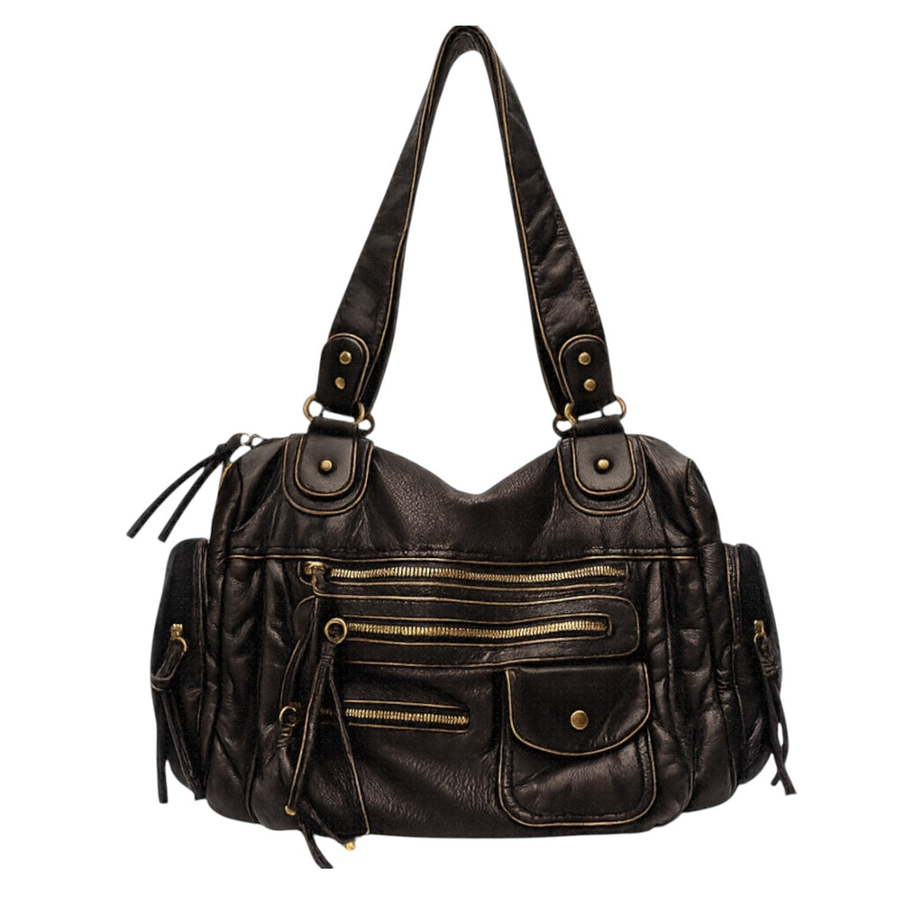 Sac bandoulière noir en cuir PU souple, avec multiples poches zippées et une poche à rabat, idéal pour un usage polyvalent.