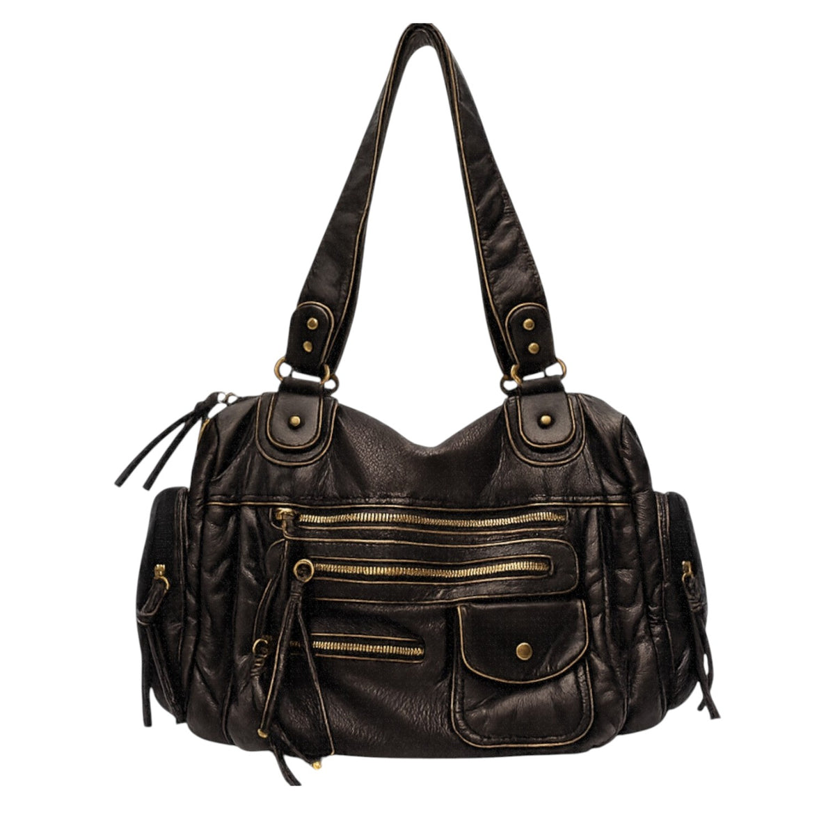 Sac bandoulière noir en cuir PU souple, avec multiples poches zippées et une poche à rabat, idéal pour un usage polyvalent.