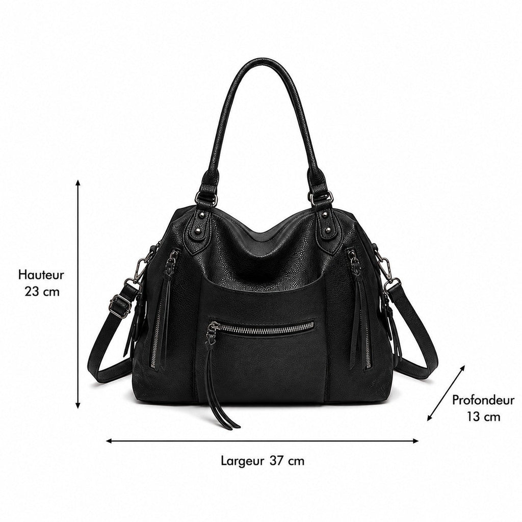 Sac bandoulière noir en cuir PU Univers Sac, forme tonneau vintage, grande capacité, avec poche zippée extérieure et bandoulière réglable.