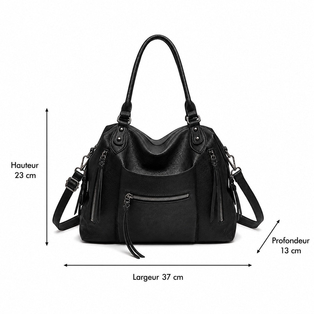 Sac bandoulière noir en cuir PU Univers Sac, forme tonneau vintage, grande capacité, avec poche zippée extérieure et bandoulière réglable.