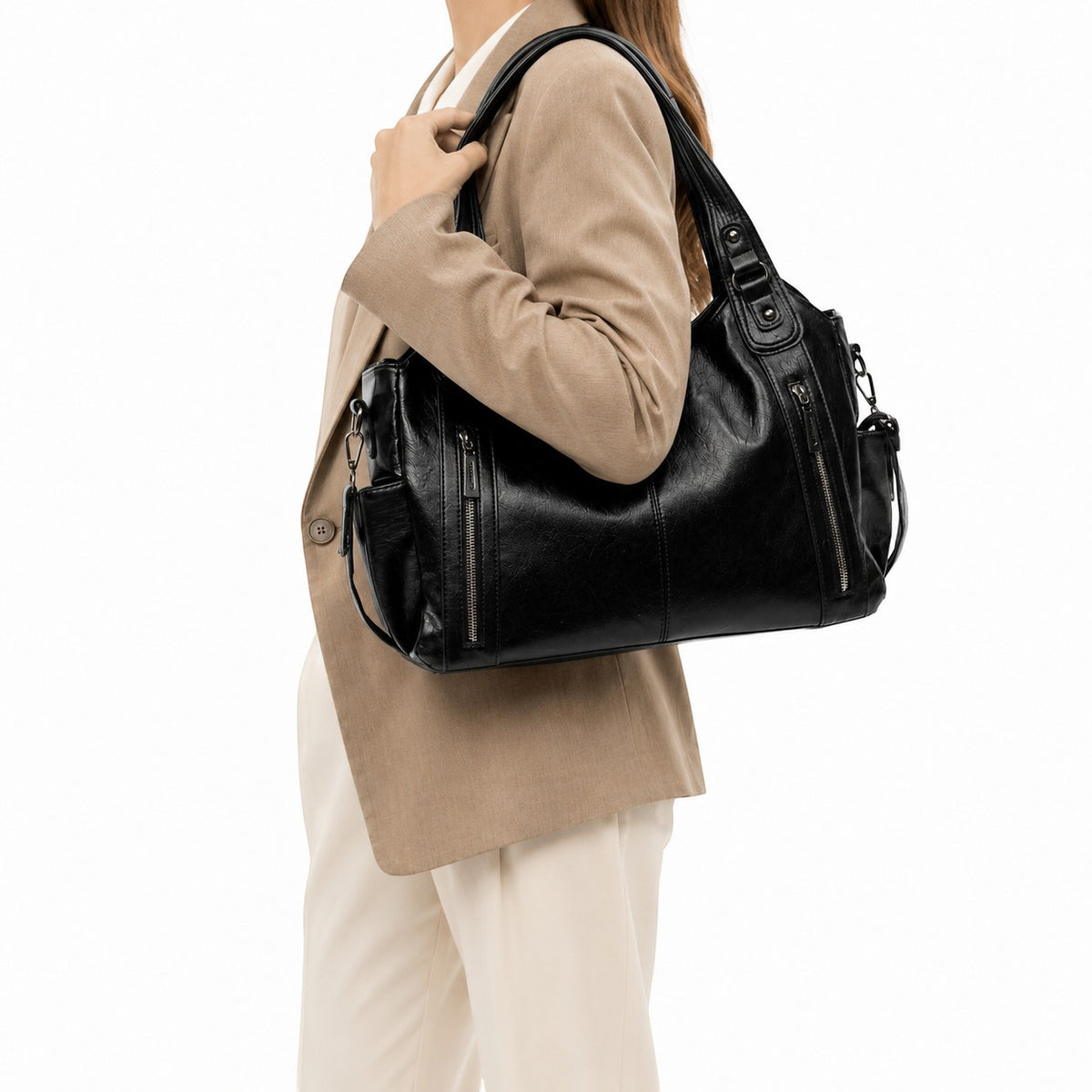 Sac bandoulière noir en cuir synthétique grainé, style vintage, par Univers Sac