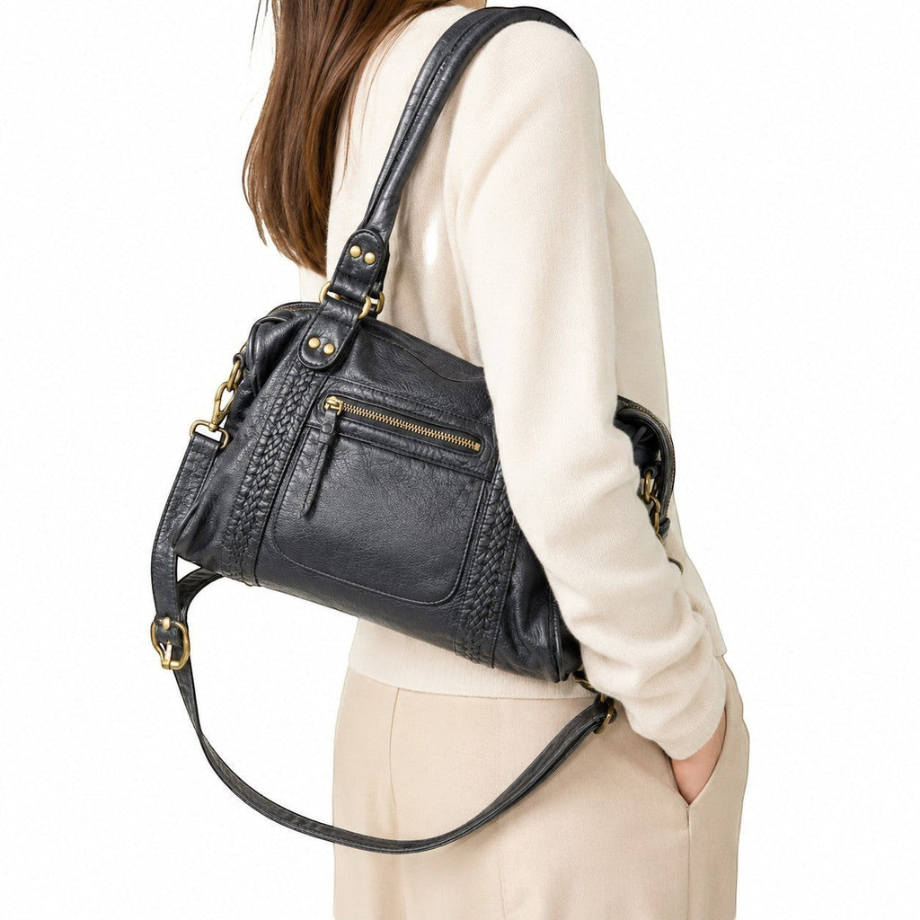 Sac bandoulière noir en PU souple pour femme, avec détails tressés et fermeture éclair, par Univers Sac