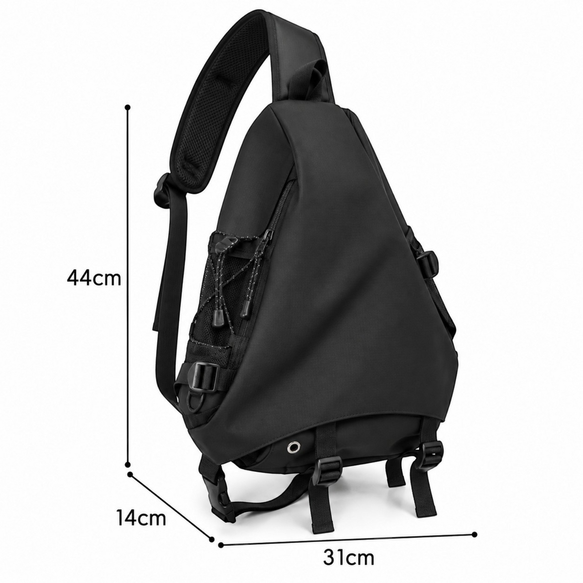 Sac bandoulière noir imperméable Univers Sac pour homme, design triangulaire moderne avec sangles réglables.