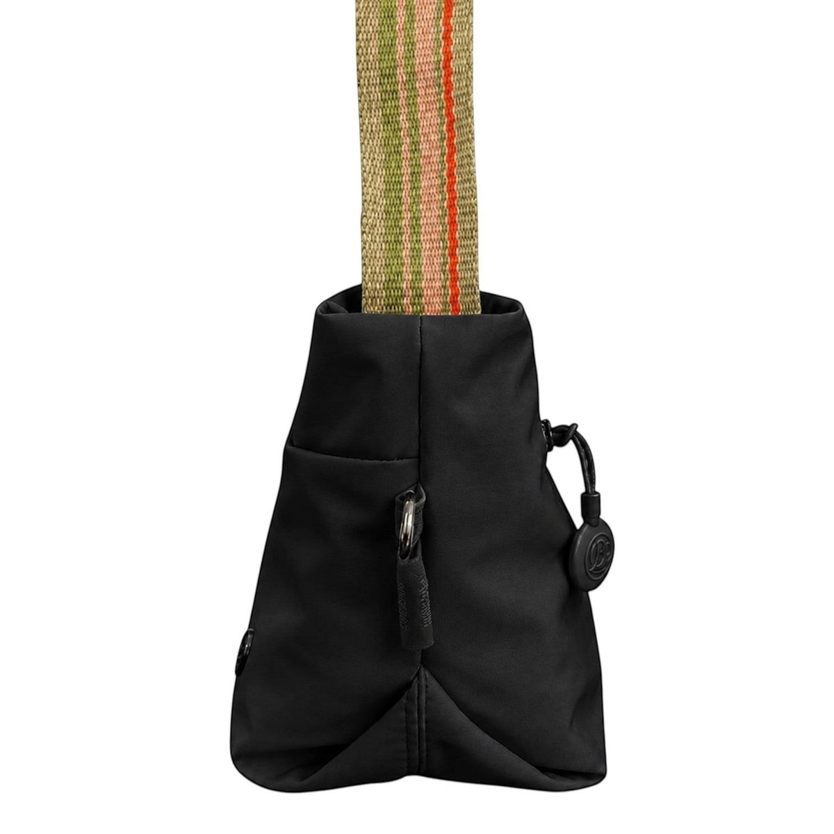Sac bandoulière noir en nylon et coton bio, ultra léger, avec fermeture éclair et bandoulière rayée multicolore. Univers Sac.
