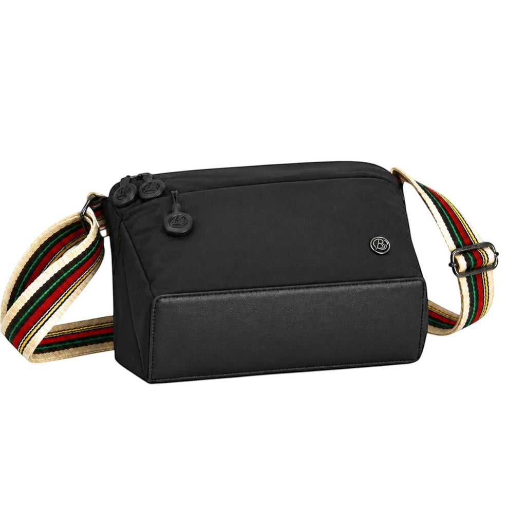 Sac bandoulière noir Univers Sac en nylon et coton bio, avec bandoulière rayée multicolore et fermeture éclair.