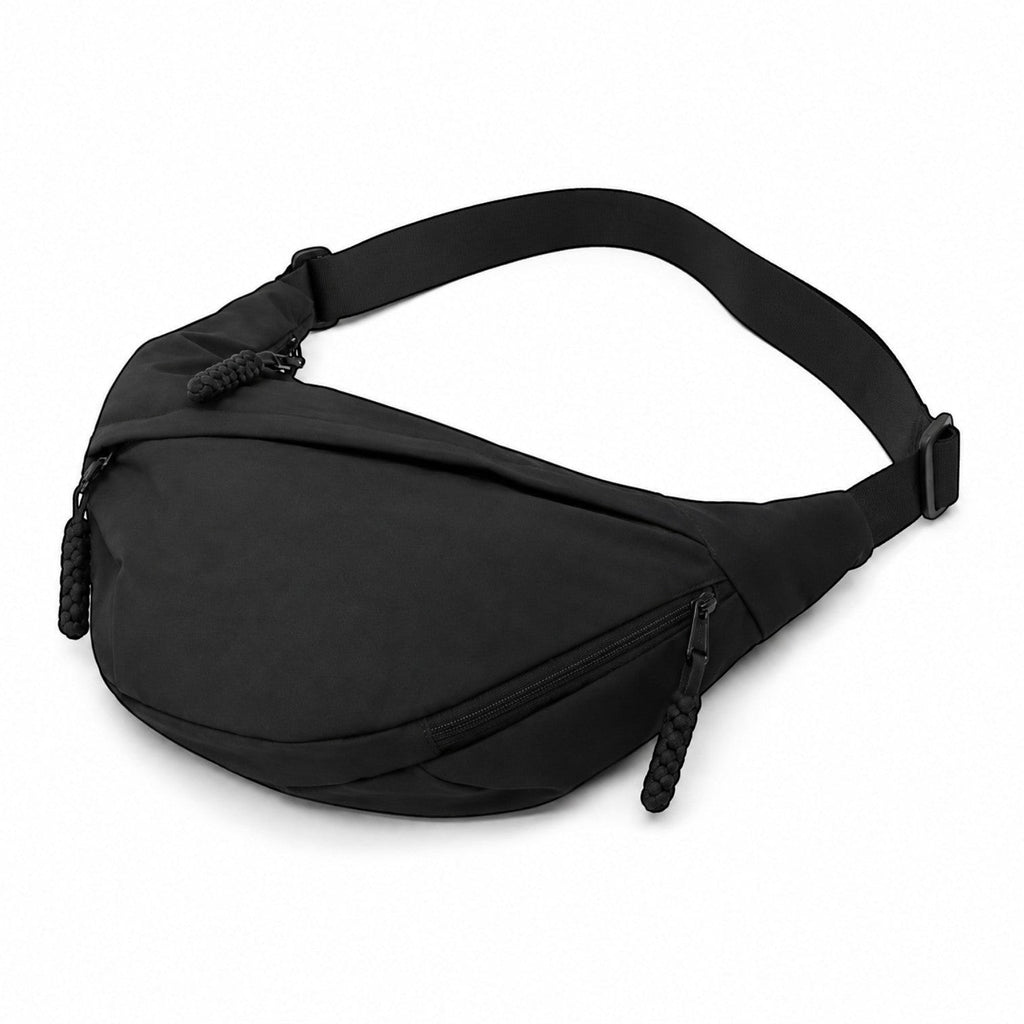 Sac bandoulière noir en nylon de Univers Sac, forme hobo, avec fermeture éclair et pompon tressé, idéal pour un usage décontracté.