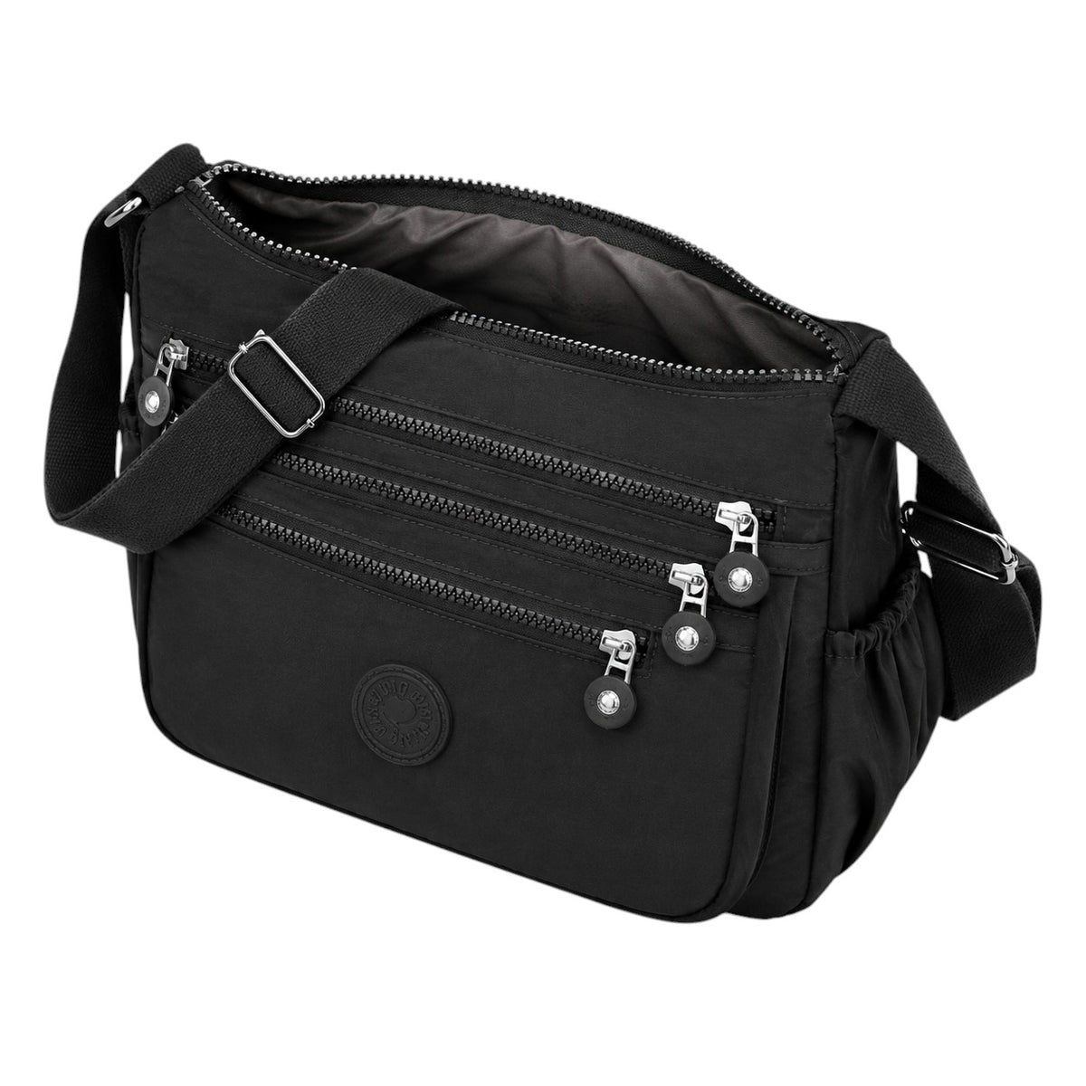 Sac bandoulière noir en nylon Univers Sac avec plusieurs poches zippées et une poche latérale élastique, idéal pour les voyages.