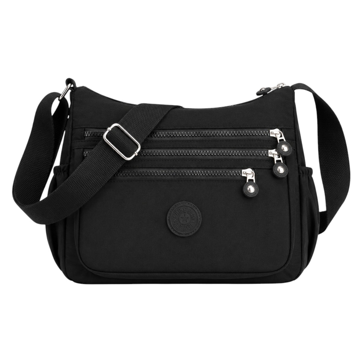 Sac bandoulière noir en nylon Univers Sac avec plusieurs fermetures éclair et pochettes extérieures, idéal pour les voyages décontractés.