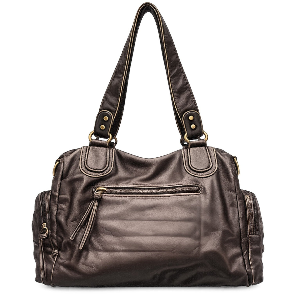 Sac bandoulière noir en cuir PU souple, avec plusieurs poches zippées et une poche extérieure, idéal pour un usage polyvalent.