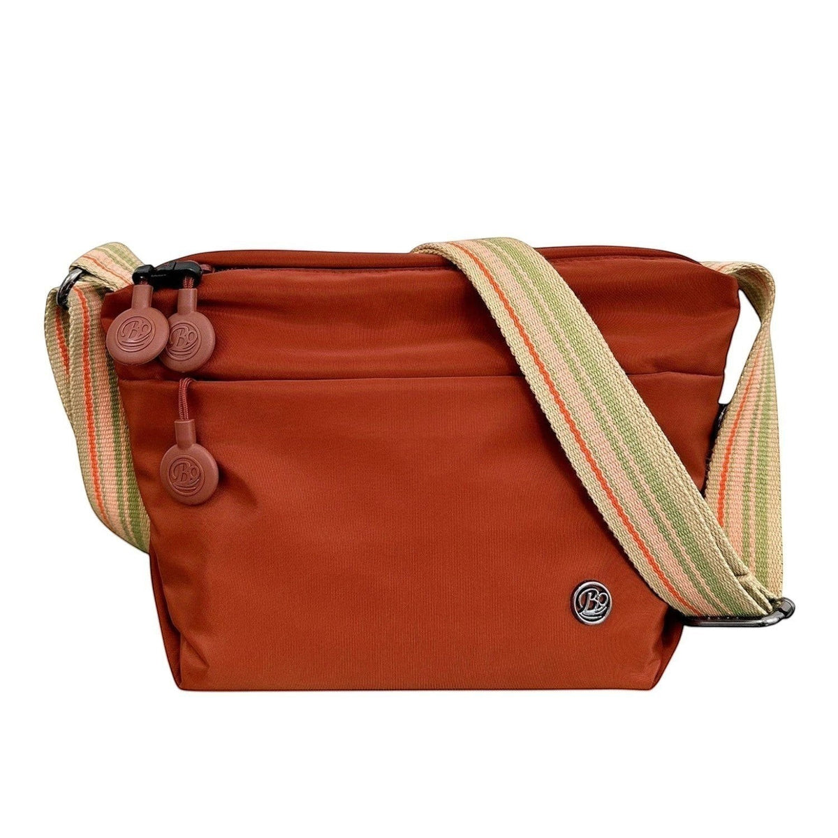 Sac bandoulière Univers Sac en nylon orange brûlé, ultra léger, avec fermeture éclair et bandoulière rayée multicolore.
