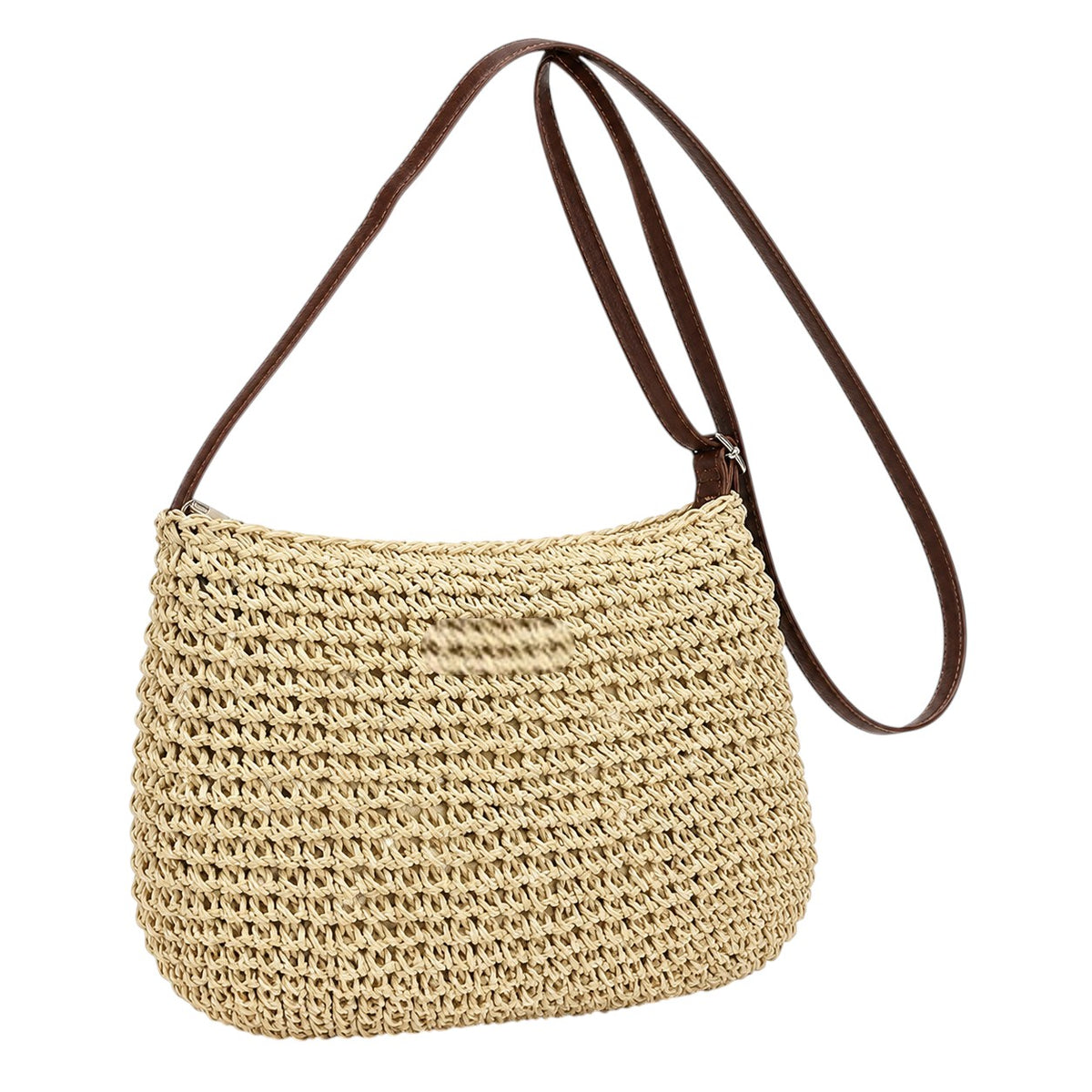 Sac bandoulière femme en paille tressée beige avec lanière en cuir marron et fermeture éclair. Univers Sac.