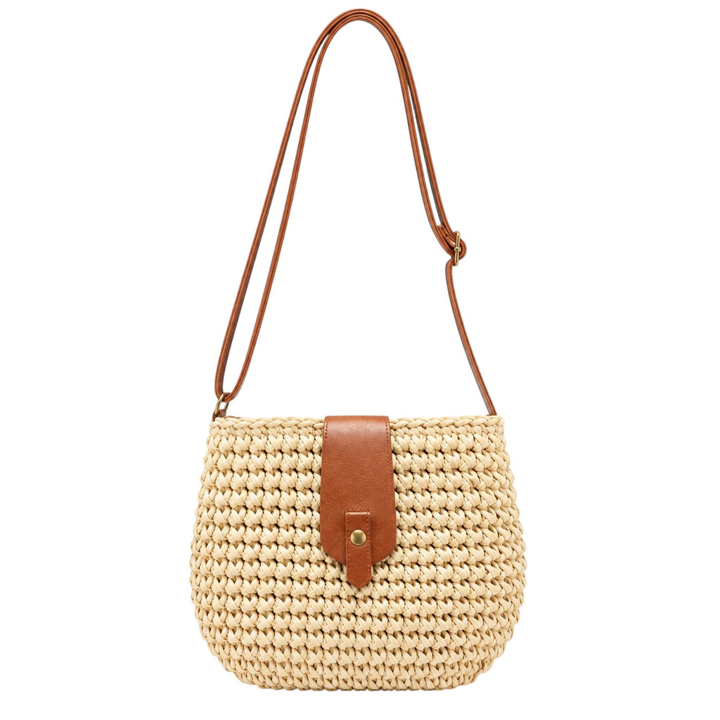 Sac bandoulière tissé beige en paille avec rabat et bride en cuir marron par Yogodlns
