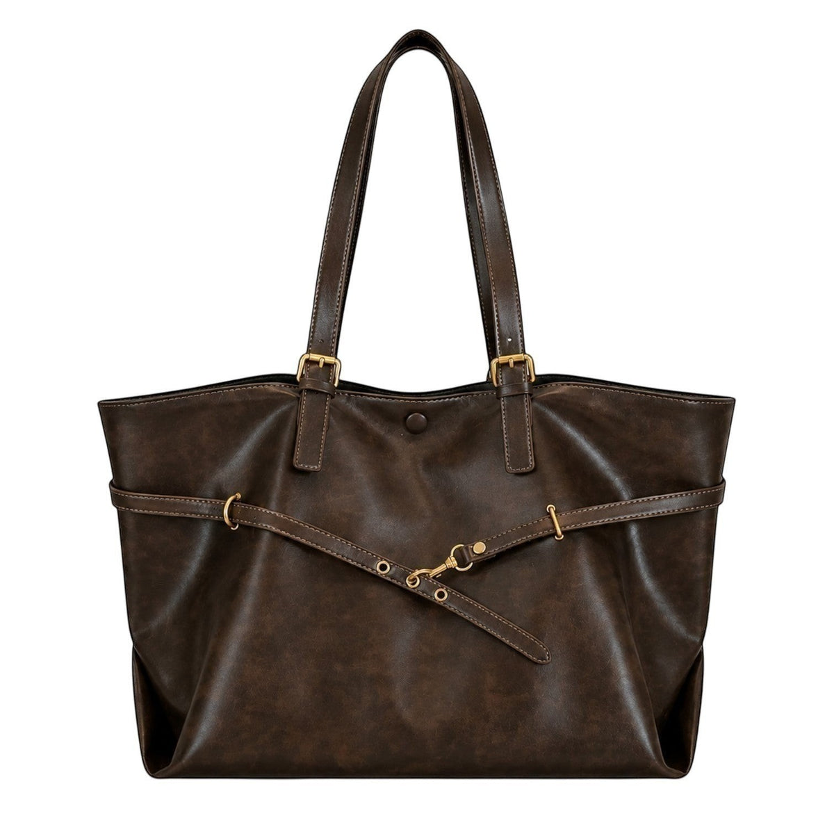 Sac bandoulière marron foncé en cuir PU souple, style rétro, avec détails de sangles et fermoir à pression, idéal pour un usage polyvalent.