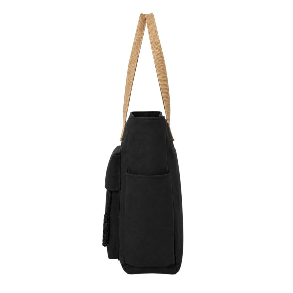 Sac bandoulière noir en toile Univers Sac avec poches extérieures et pompon décoratif, anses en toile beige.