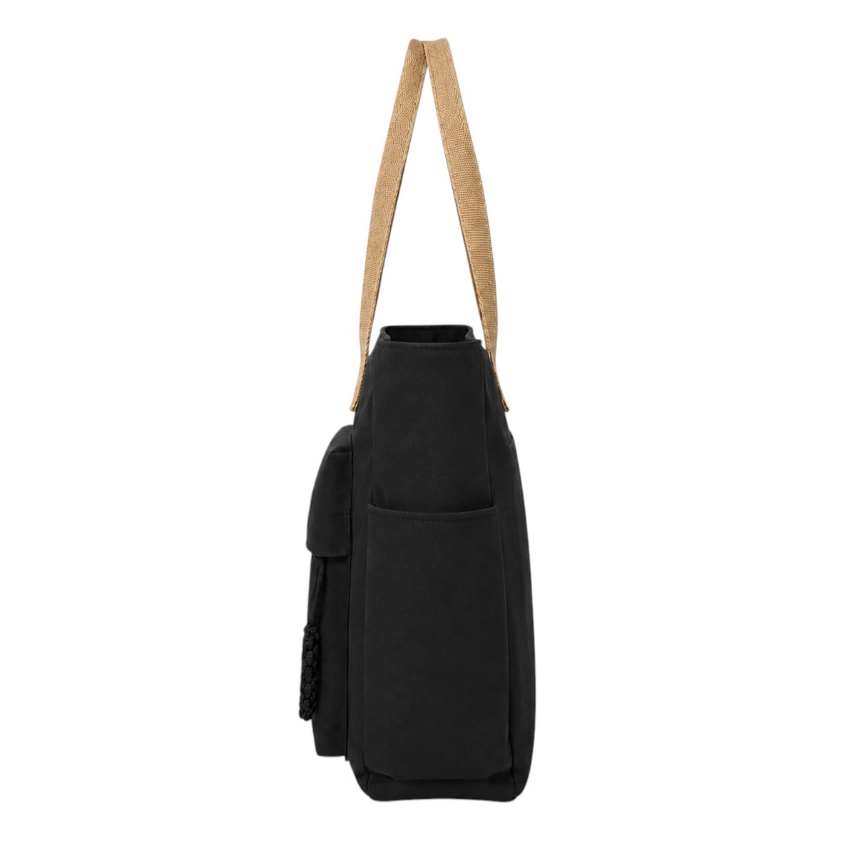 Sac bandoulière noir en toile Univers Sac avec poches extérieures et pompon décoratif, anses en toile beige.