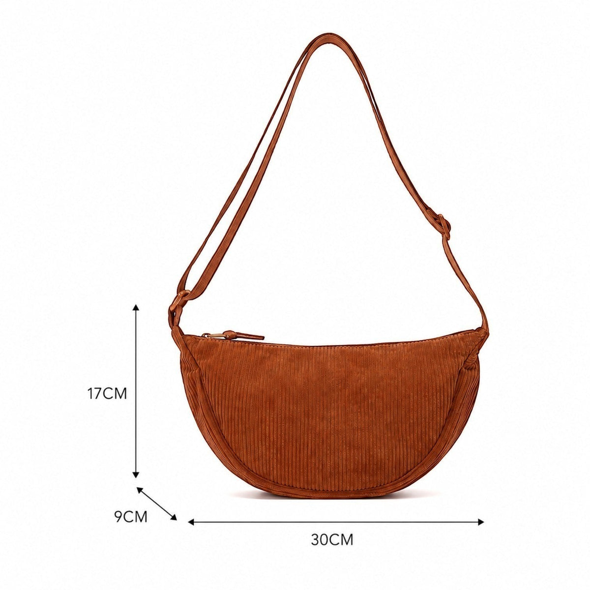 Sac bandoulière Univers Sac en velours côtelé marron, forme demi-lune, fermeture zippée, idéal pour un usage décontracté.