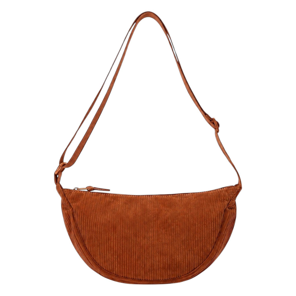 Sac bandoulière Univers Sac en velours côtelé marron, forme demi-lune, fermeture éclair, idéal pour un usage décontracté.