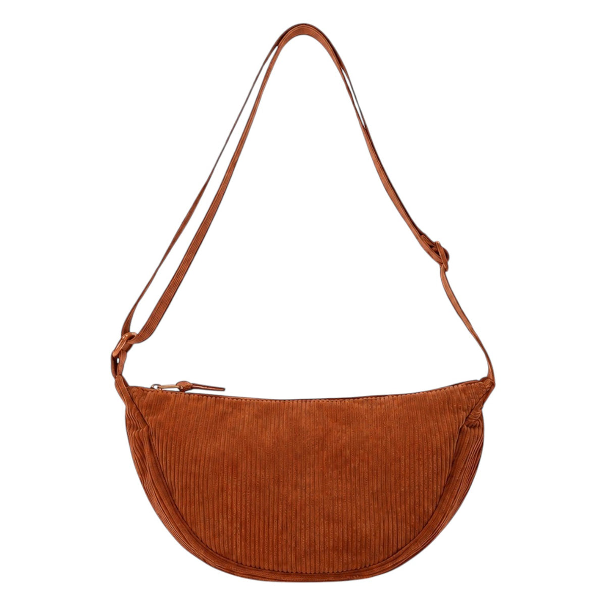 Sac bandoulière Univers Sac en velours côtelé marron, forme demi-lune, fermeture éclair, idéal pour un usage décontracté.