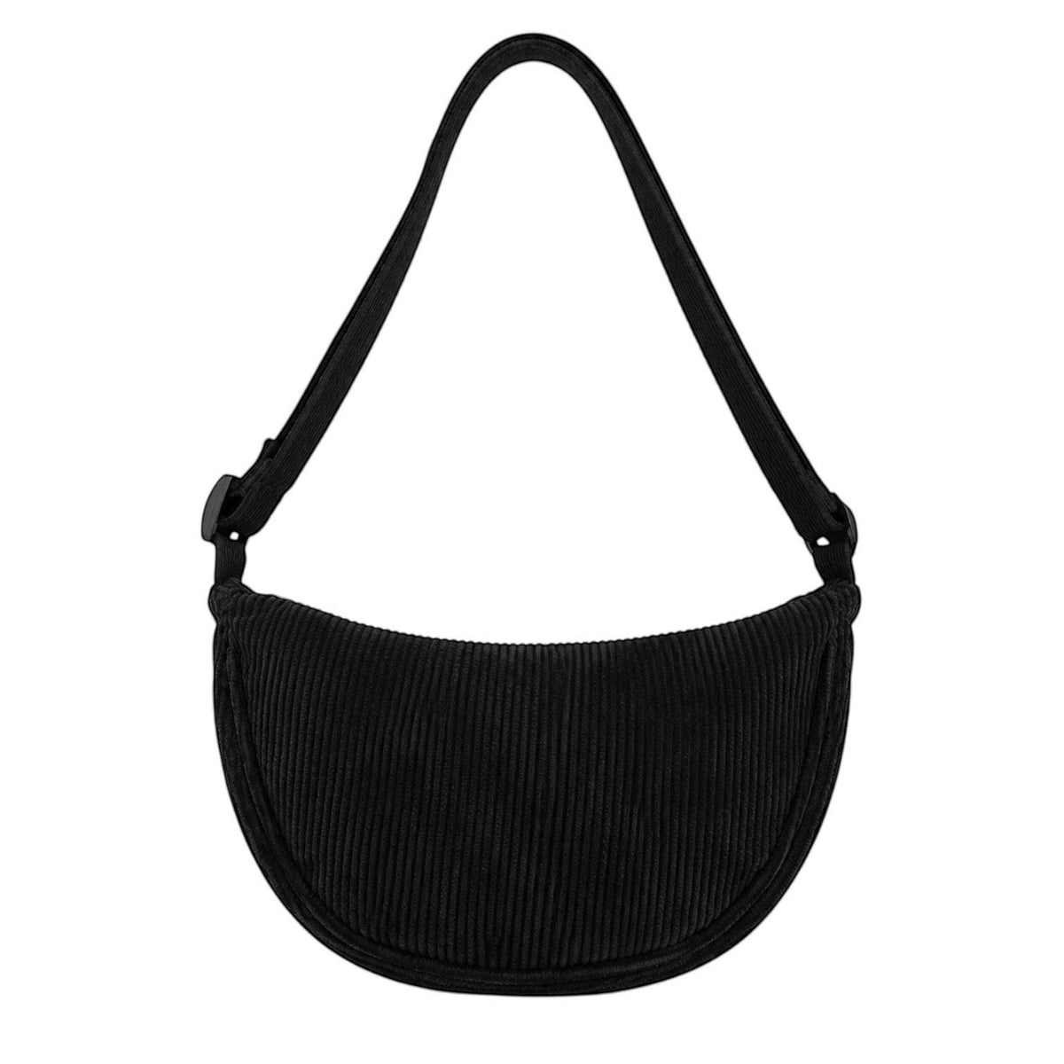 Sac bandoulière noir en velours côtelé Univers Sac, forme demi-lune, fermeture zippée, style décontracté.