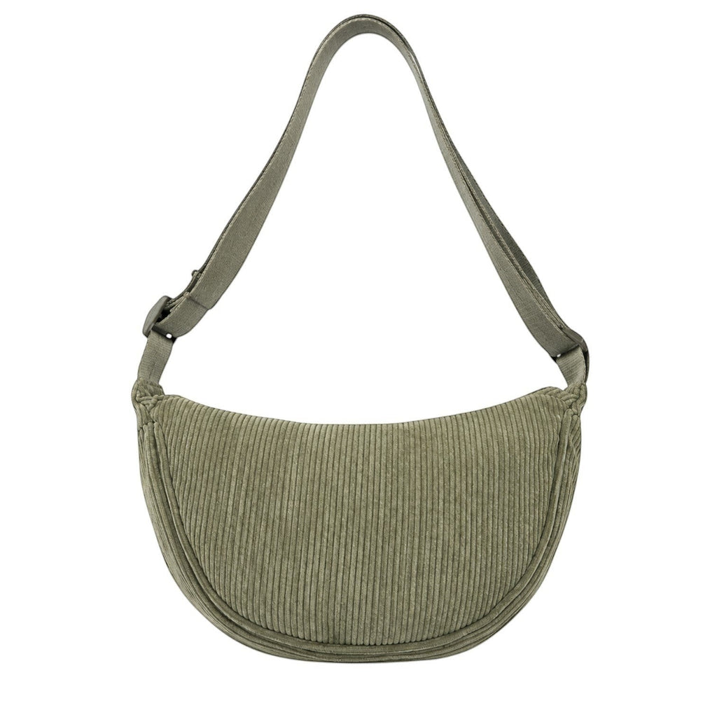 Sac bandoulière Univers Sac en velours côtelé vert olive, forme demi-lune, fermeture zippée, style décontracté.