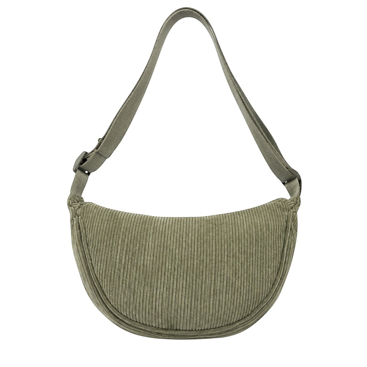 Sac bandoulière Univers Sac en velours côtelé vert olive, forme demi-lune, fermeture zippée, style décontracté.