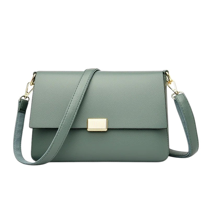 Sac bandoulière vert sauge en cuir PU pour femme, grande capacité, avec fermoir doré et bandoulière réglable.