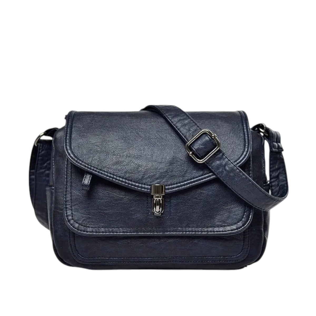 Sac bandoulière vintage bleu marine en PU, avec fermeture à fermoir métallique et poche intérieure.