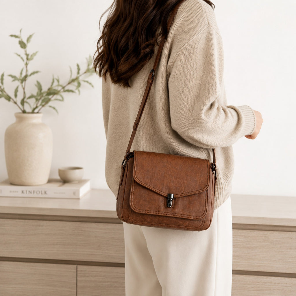 Sac bandoulière vintage marron en PU avec fermeture à fermoir et poche intérieure, par Univers Sac