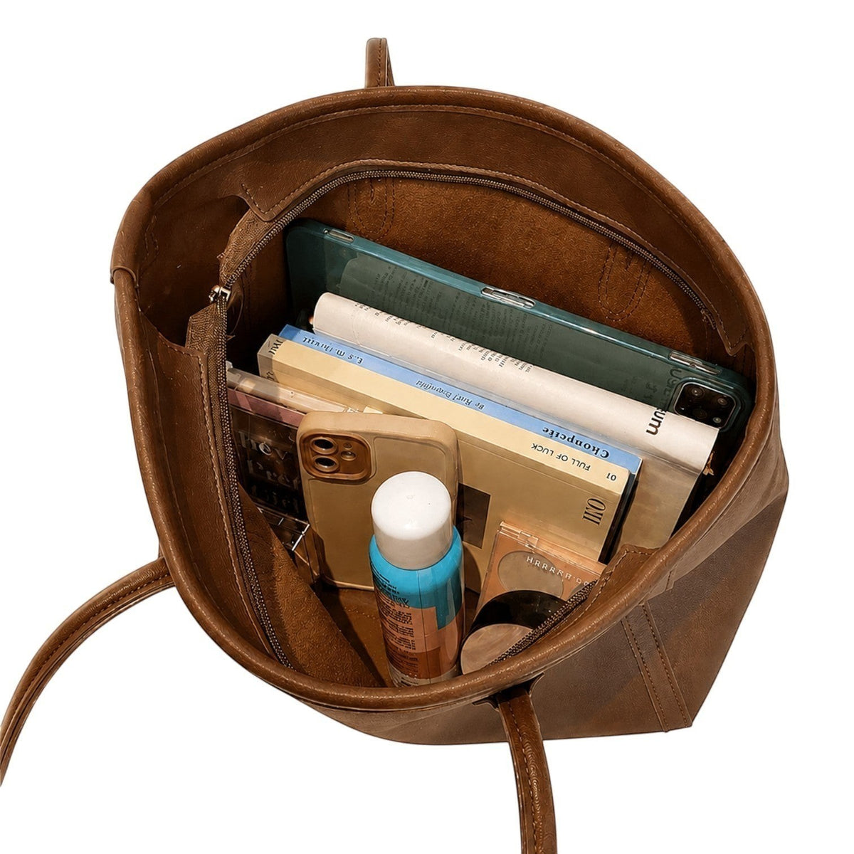 Sac cabas marron en cuir PU pour femme, grand format, avec motif floral, idéal pour un usage quotidien.