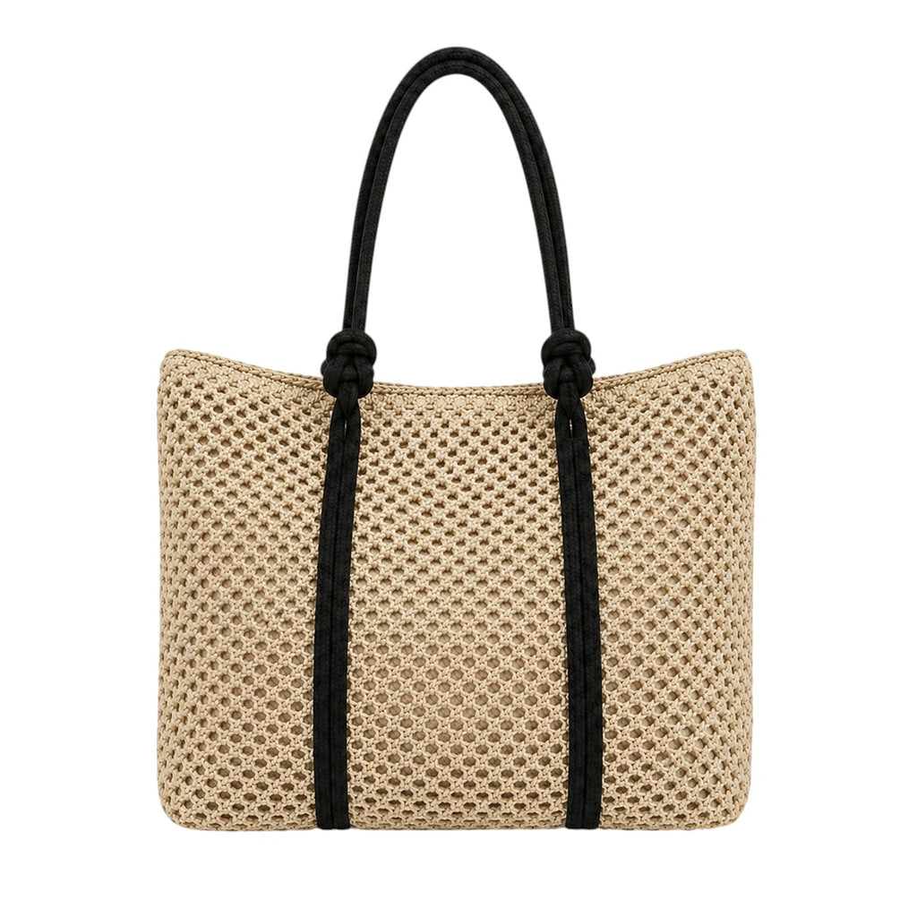 Sac cabas tressé beige en paille avec anses noires tressées par Univers Sac