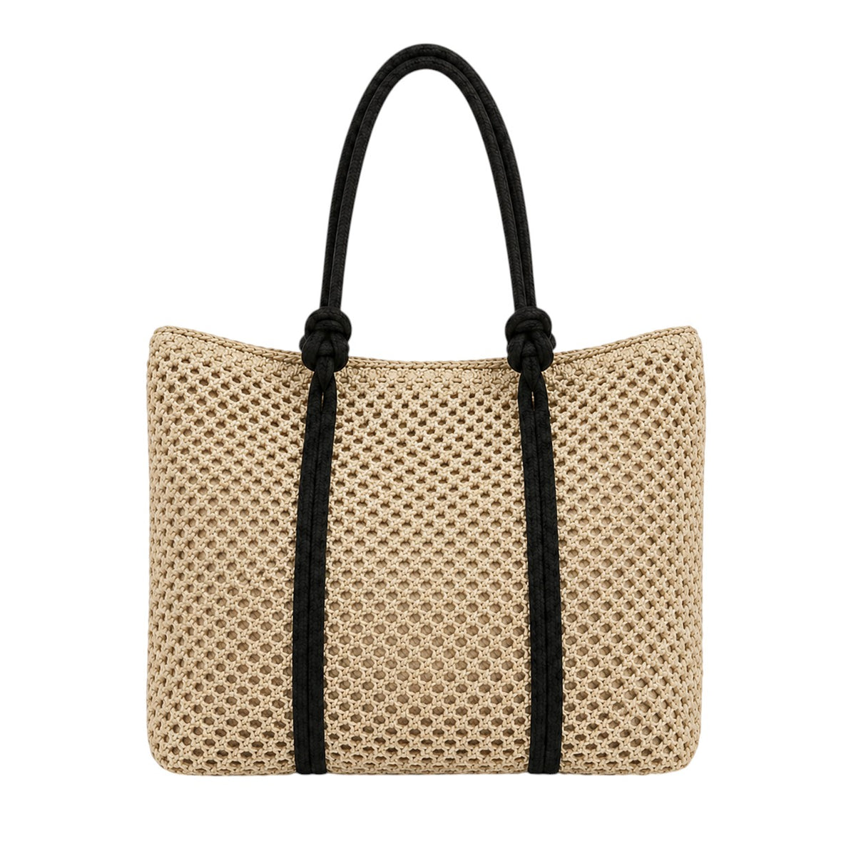 Sac cabas tressé beige en paille avec anses noires tressées par Univers Sac