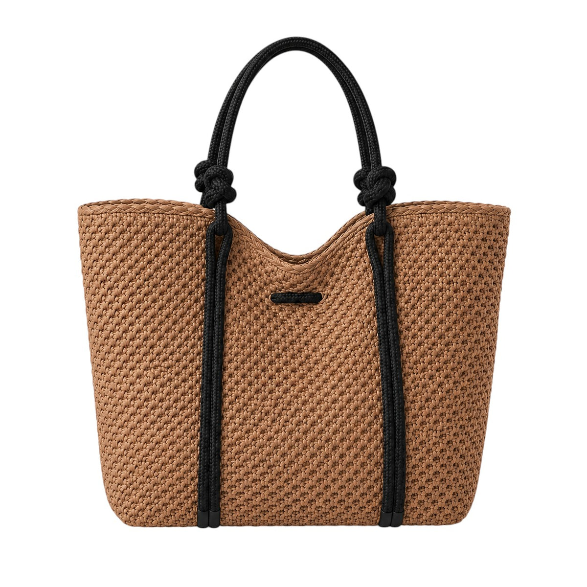 Sac cabas tressé en paille couleur camel avec anses et détails noirs, fermeture zippée, par Univers Sac.