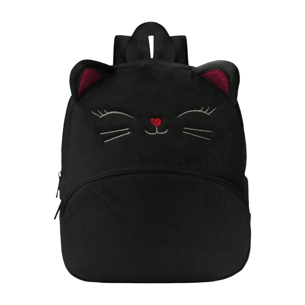 Sac à dos Univers Sac pour enfant en peluche noire avec motif chat brodé, oreilles et nez en forme de cœur rose.