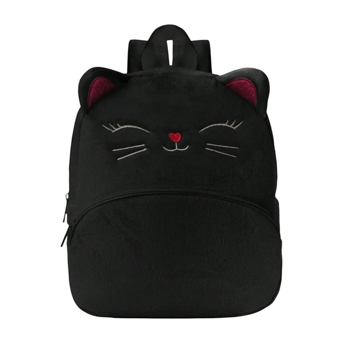 Sac à dos Univers Sac pour enfant en peluche noire avec motif chat brodé, oreilles et nez en forme de cœur rose.