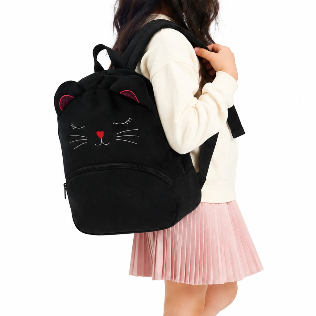 Sac à dos enfant Univers Sac noir en coton avec motif chat mignon brodé et oreilles, idéal pour la maternelle