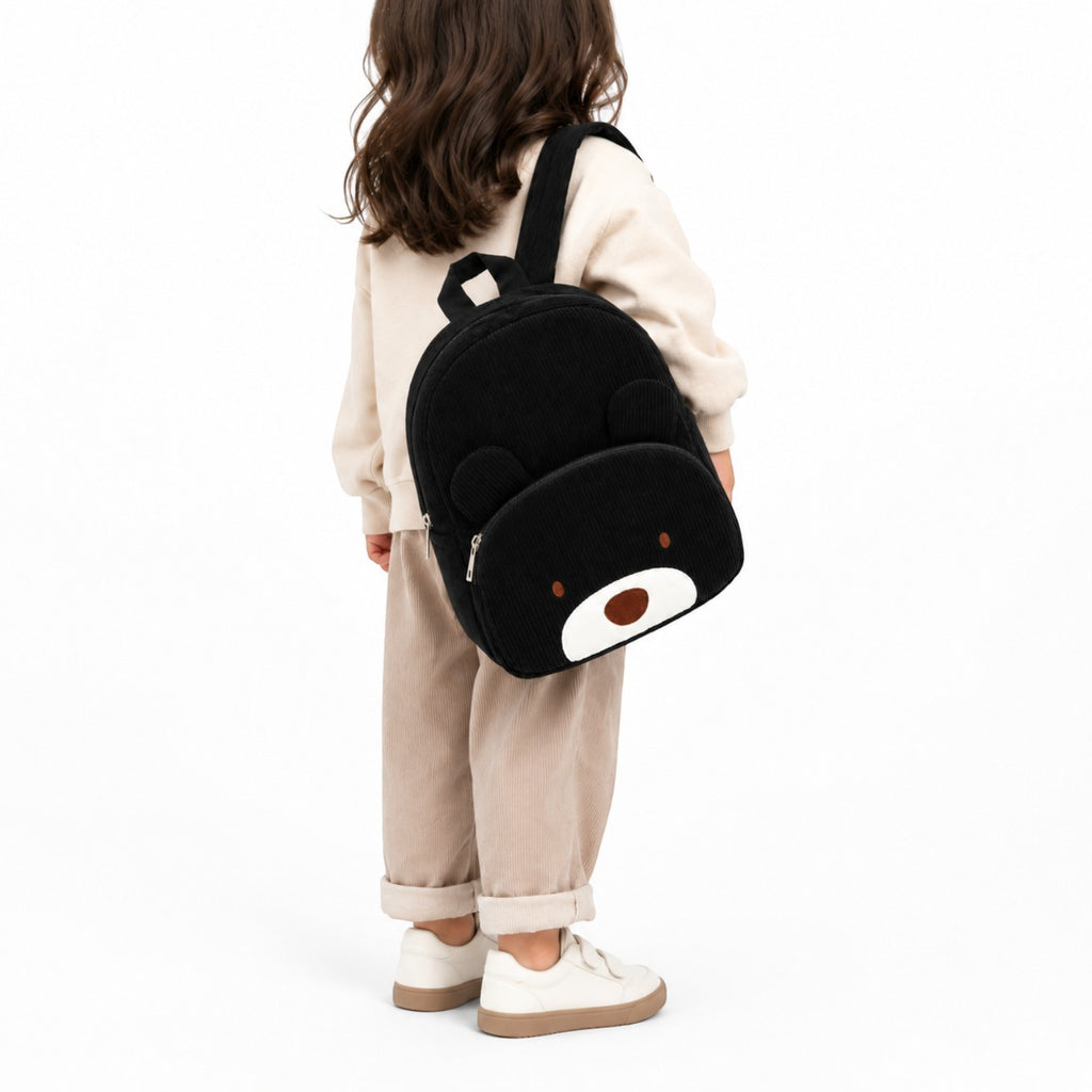 Sac à dos Univers Sac pour enfant en velours côtelé noir avec motif ours mignon et bretelles confortables