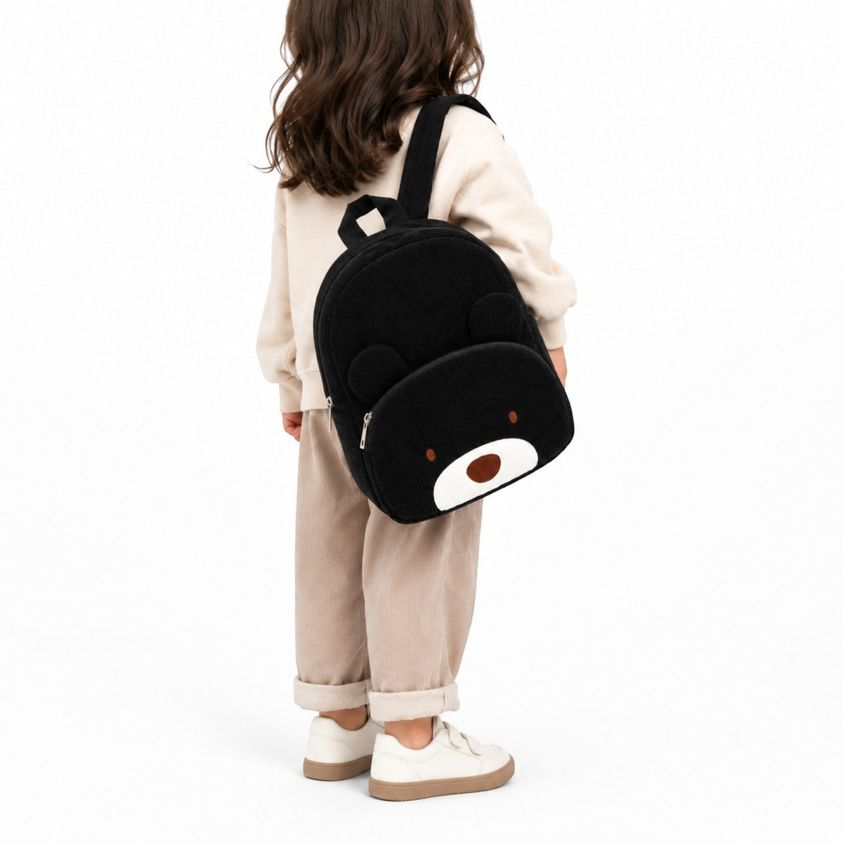 Sac à dos Univers Sac pour enfant en velours côtelé noir avec motif ours mignon et bretelles confortables