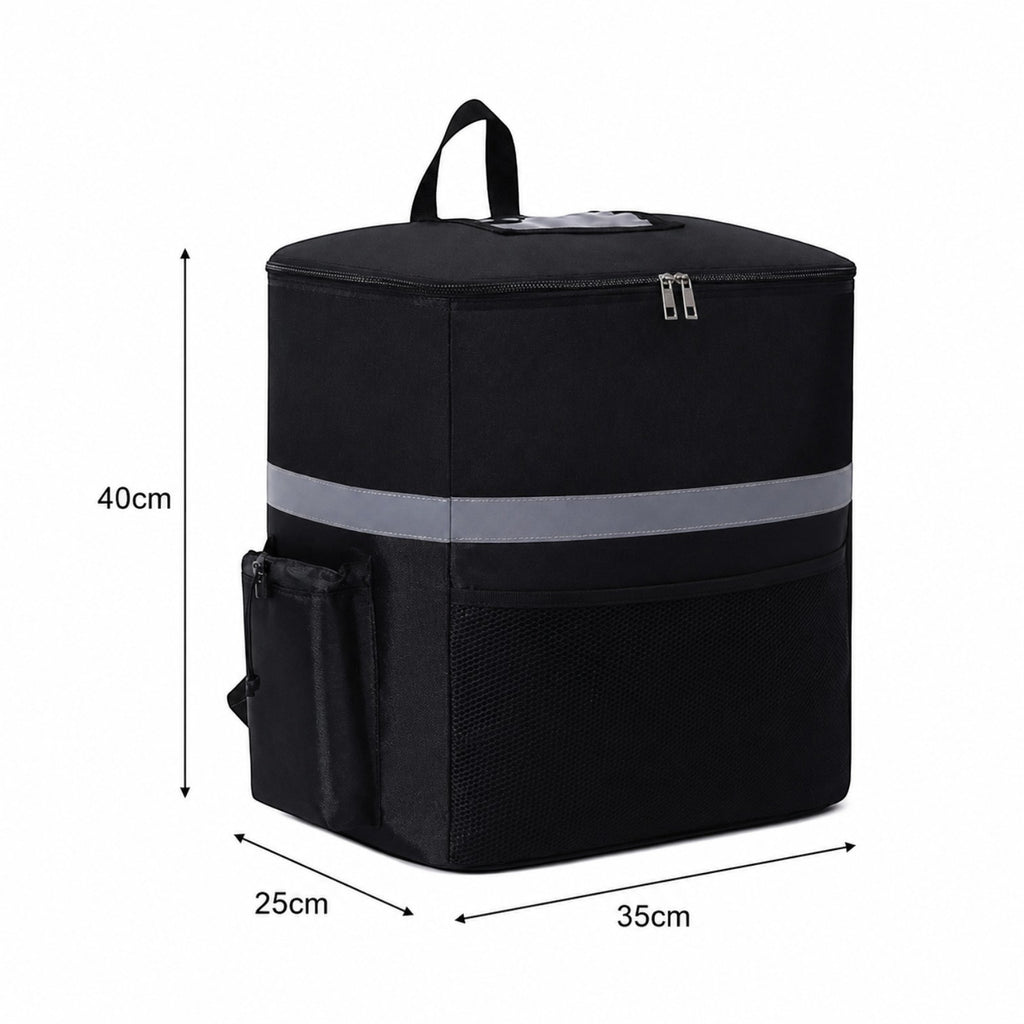 Sac à dos isotherme noir Univers Sac pour livraison de repas avec bandes réfléchissantes et dimensions indiquées