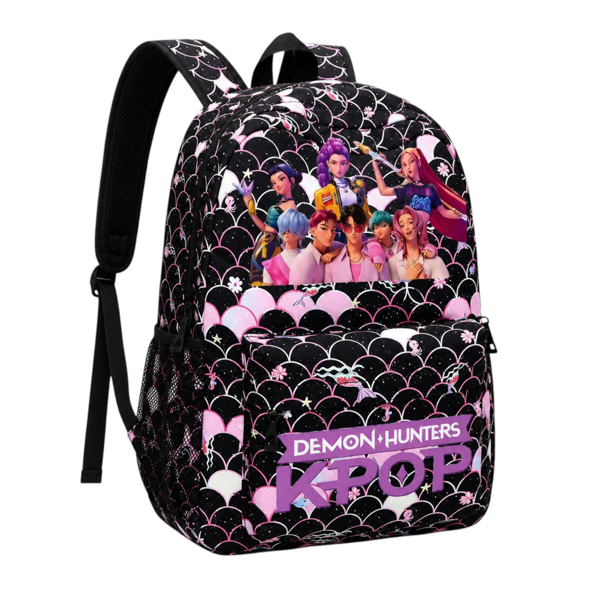 Sac à dos scolaire Univers Sac noir avec motif écailles rose et blanc et personnages KPop Demon Hunters imprimés