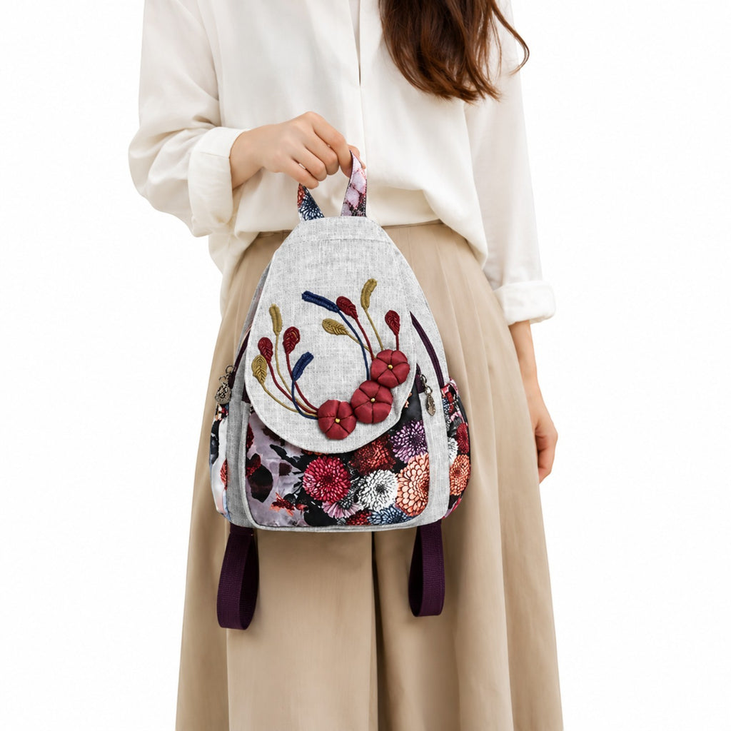 Sac à dos Univers Sac en lin gris avec broderies florales et appliques décoratives, style ethnique rétro pour femme.