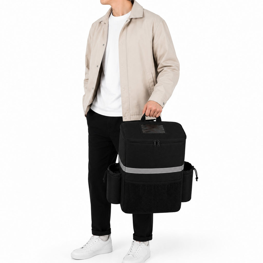 Sac à dos isotherme noir Univers Sac pour livraison de repas, 30L en tissu Oxford imperméable avec bandes réfléchissantes.