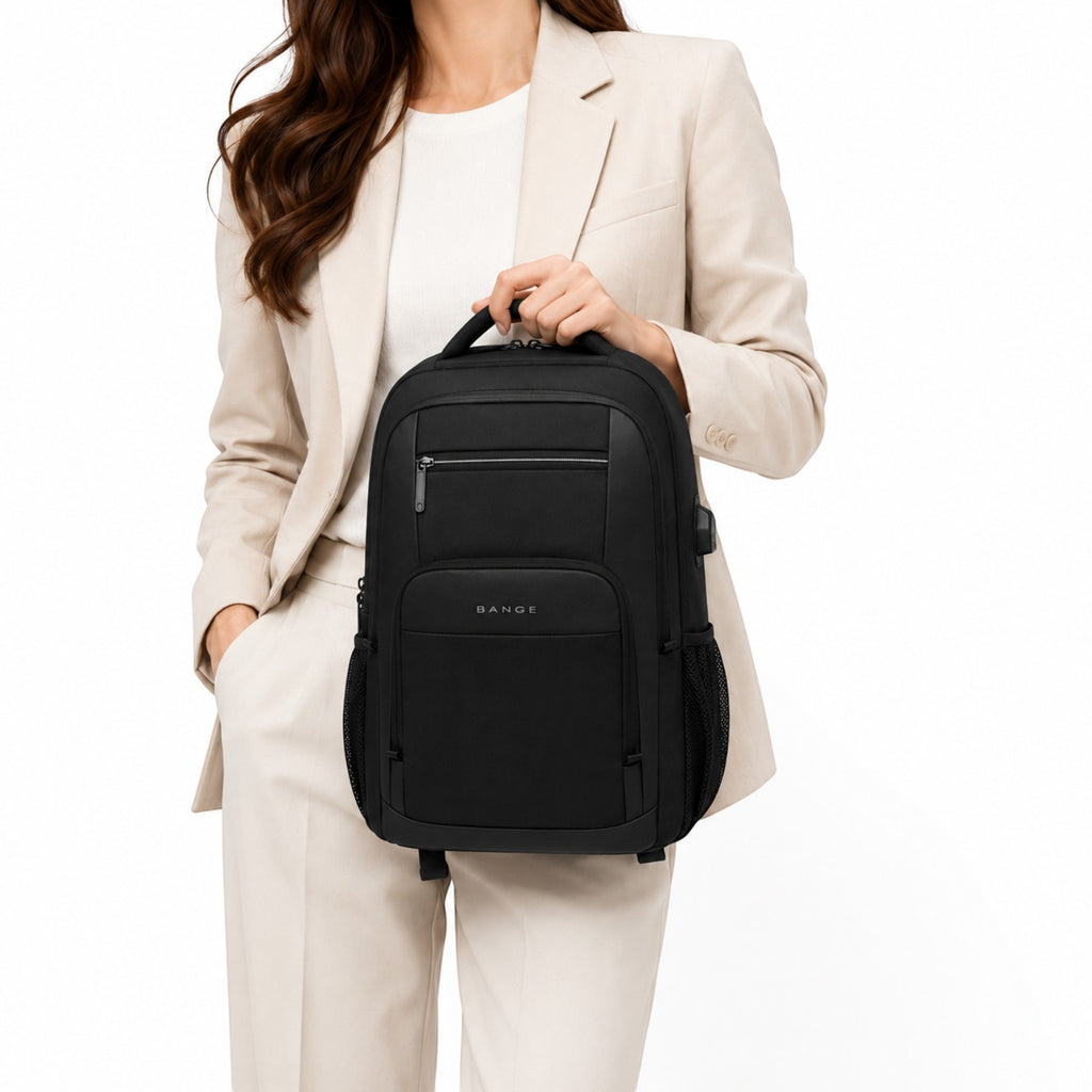 Sac à dos noir Bange en tissu Oxford avec port USB, idéal pour le travail ou les voyages.