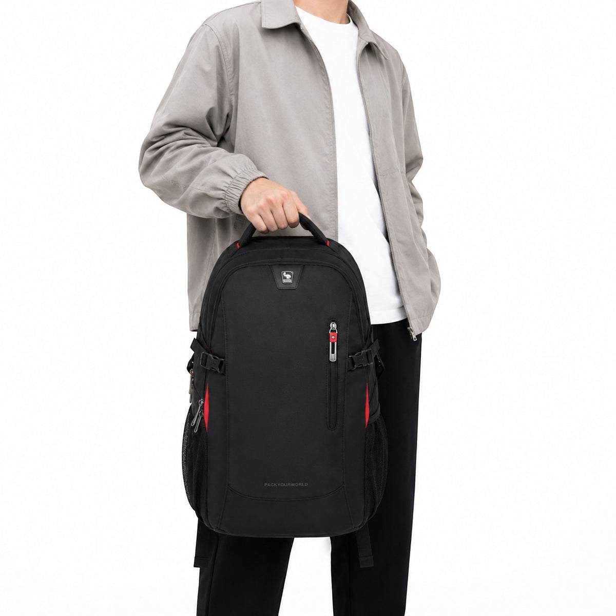 Sac à dos ordinateur noir imperméable Univers Sac avec compartiment pour PC 15,6 pouces et détails rouges