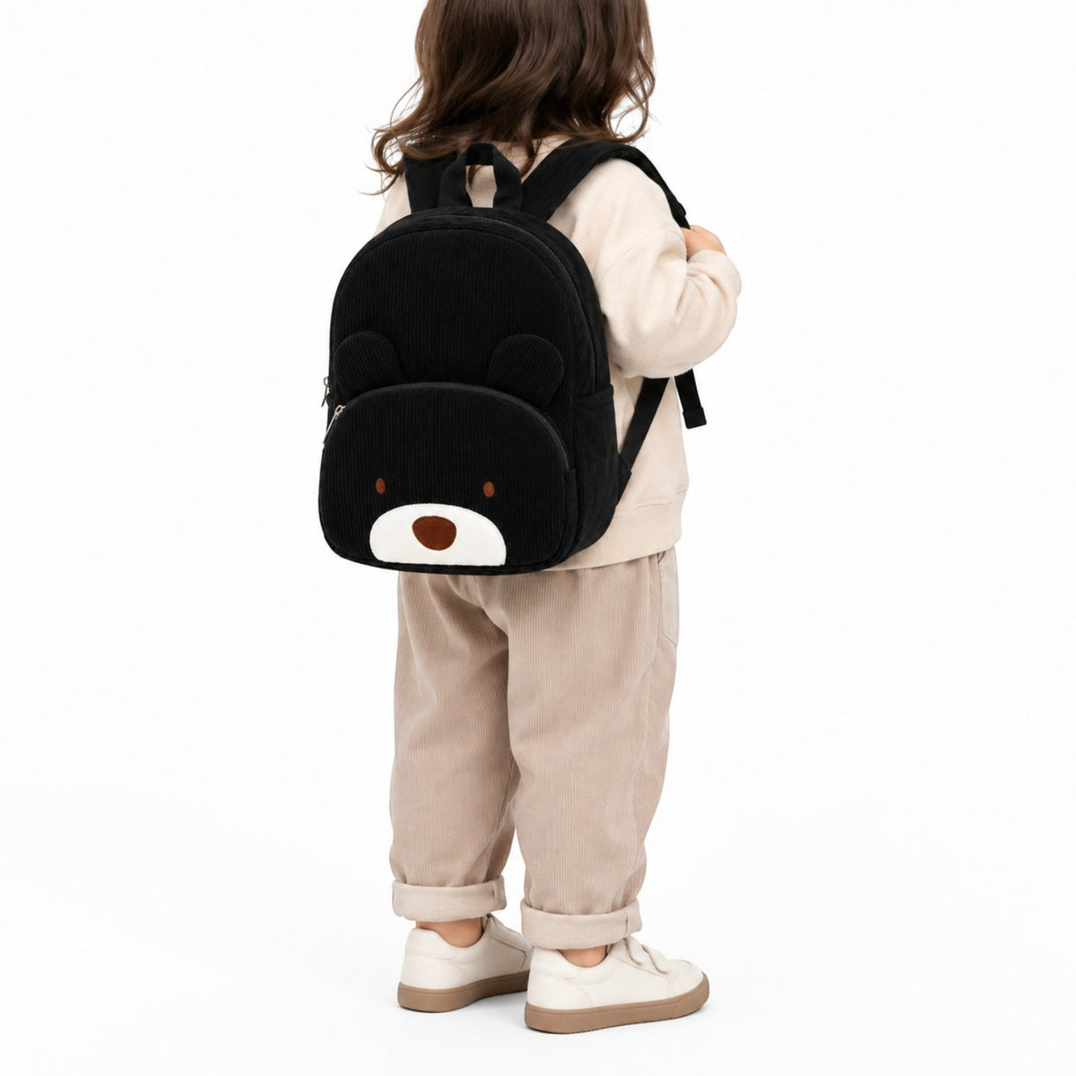 Sac à dos Univers Sac pour enfant en velours côtelé noir avec motif ours mignon et bretelles ajustables
