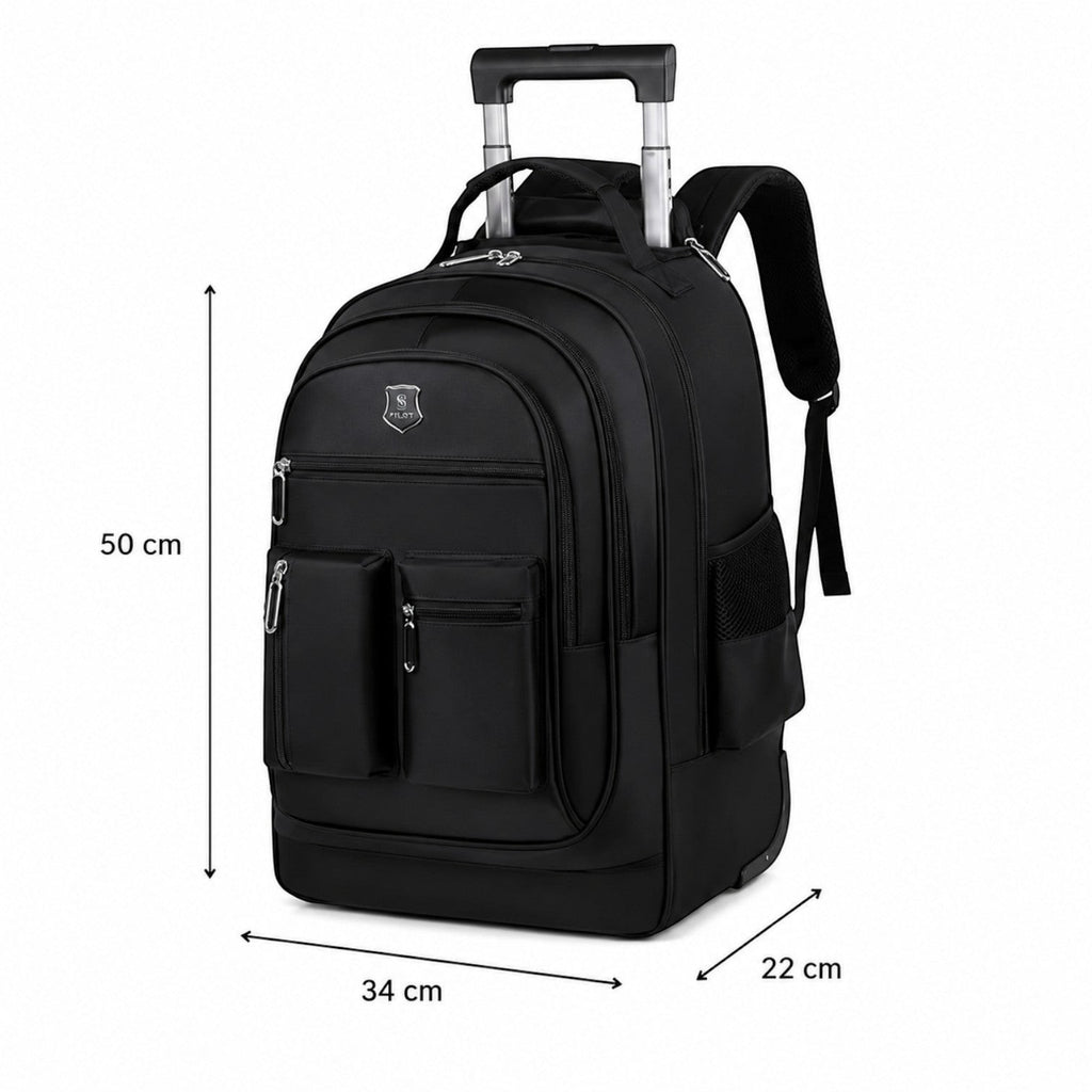 Sac à dos de voyage noir Univers Sac avec roulettes, poignée télescopique et multiples poches, idéal pour le business.
