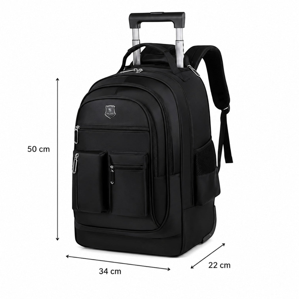 Sac à dos de voyage noir Univers Sac avec roulettes, poignée télescopique et multiples poches, idéal pour le business.