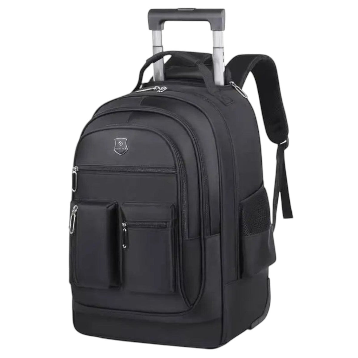 Sac à dos de voyage noir Univers Sac avec roulettes, poignée télescopique et multiples poches, idéal pour les affaires.