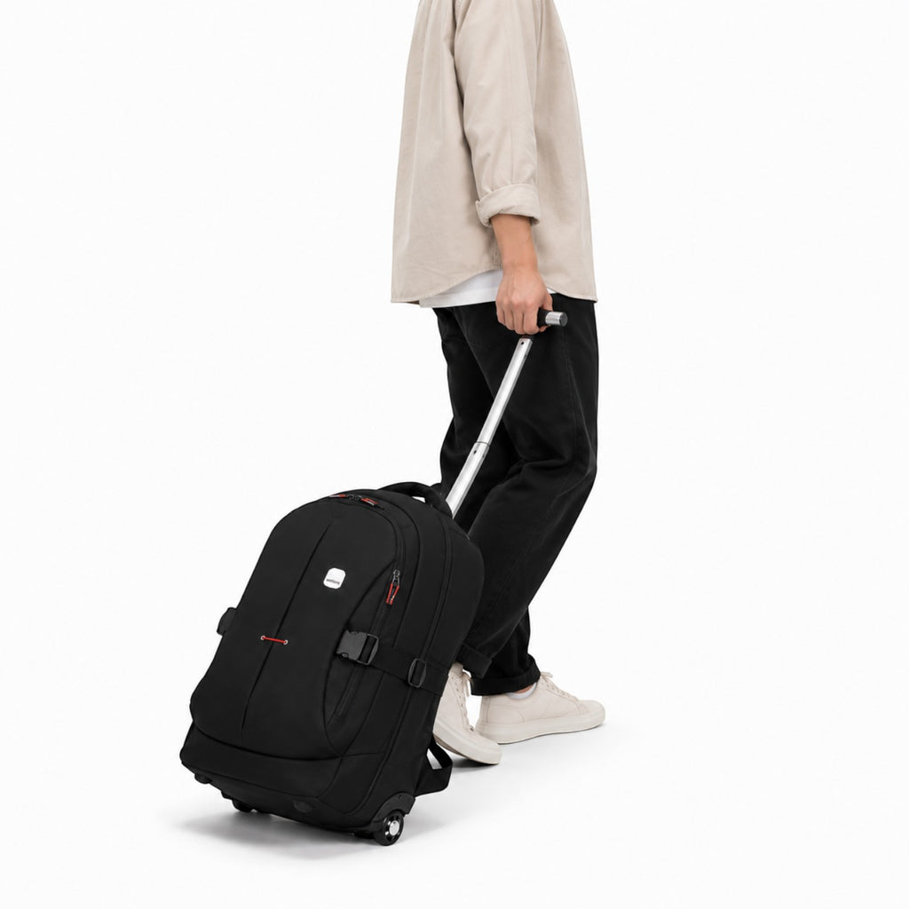 Sac à dos à roulettes noir Univers Sac avec poignée télescopique, idéal pour les voyages d'affaires et le quotidien.